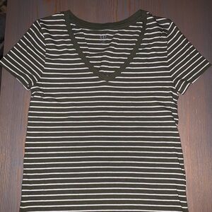 GAP Olive Green and White Striped V-Neck Tee